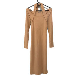 Shein Maxi Dress Long Sleeve Ribbed Camel Size Large/8/10 Scoop Neck Halter